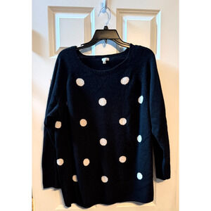 Halogen Cashmere Size 2X Dark Navy Black White Polka Dot Crew Neck Sweater